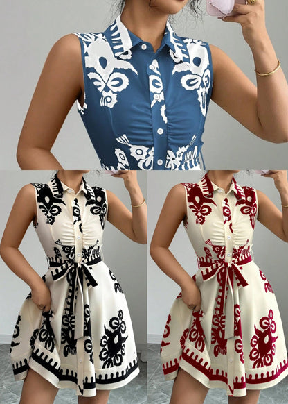 Classy Red Tie Waist Print Cotton Day Dress Summer