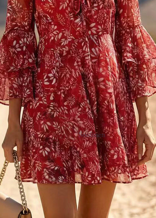 Classy Red V Neck Print Chiffon Holiday Dress Summer