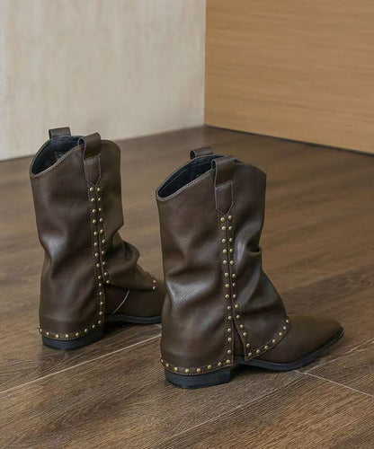 Elegante, klobige Stiefel mit Nietenverzierung, schwarzes Kunstleder