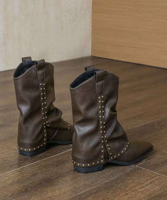 Elegante, klobige Stiefel mit Nietenverzierung, schwarzes Kunstleder