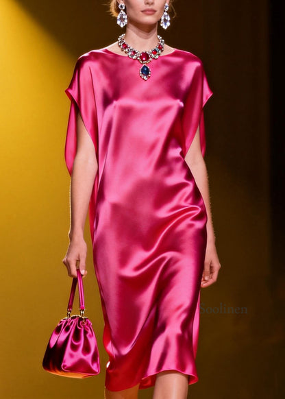 Classy Rose O Neck Plus Size Silk Dress Summer