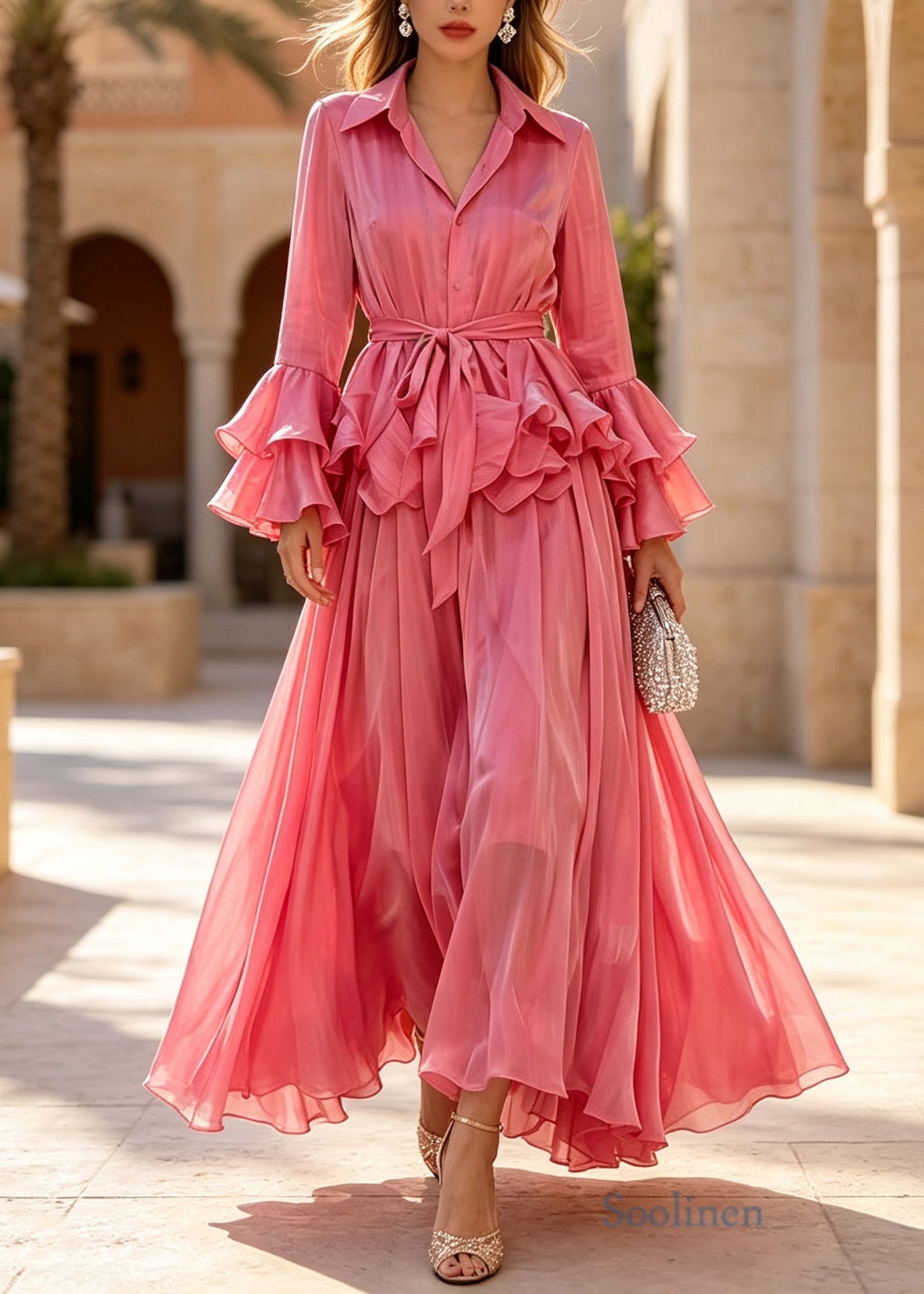 Classy Rose Peter Pan Collar Patchwork Silk Two Pieces Set Flare Sleeve