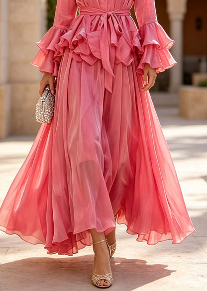 Classy Rose Peter Pan Collar Patchwork Silk Two Pieces Set Flare Sleeve