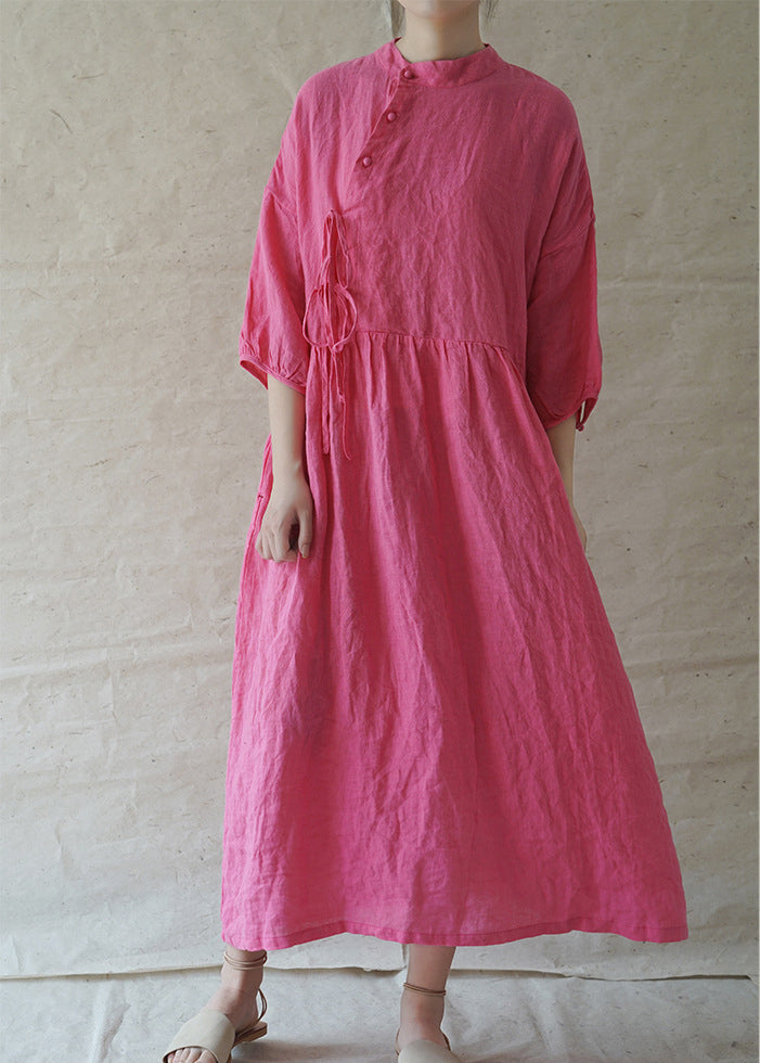 Classy Rose Stehkragen Knopf Cinched Leinen Urlaub Kleid Halbarm