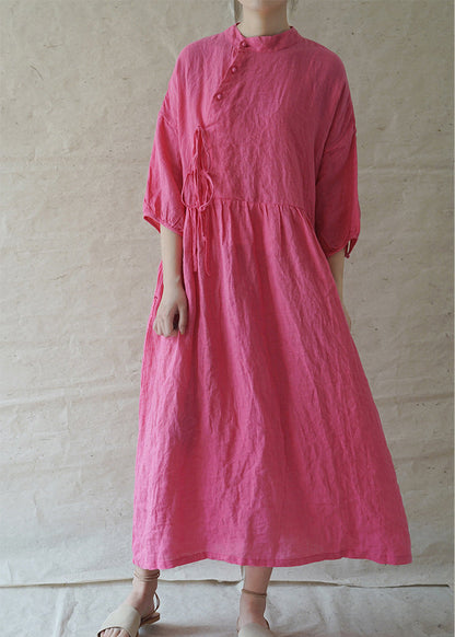 Classy Rose Stehkragen Knopf Cinched Leinen Urlaub Kleid Halbarm