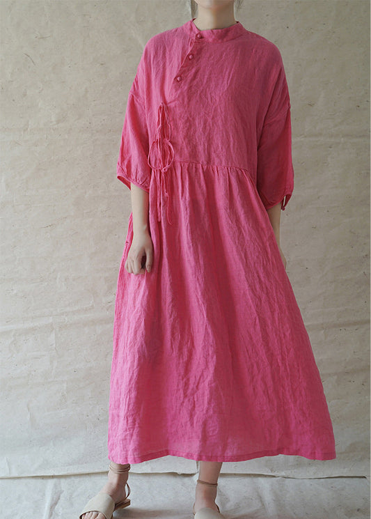 Classy Rose Stehkragen Knopf Cinched Leinen Urlaub Kleid Halbarm