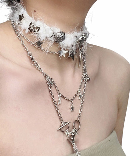 Collar con colgante de estrella de cinco puntas de acero inoxidable y seda elegante