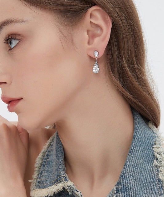 Classy Silvery Water Droplet Copper Zircon Sparkling Drop Earrings