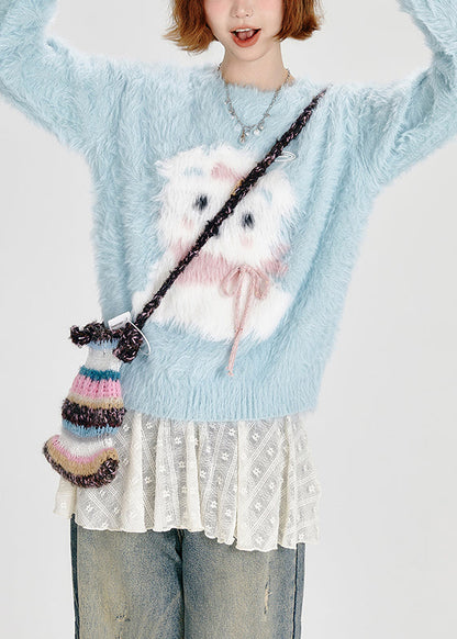 Elegante himmelblaue, niedliche, flauschige Strickoberteile mit Hundemotiv für den Winter