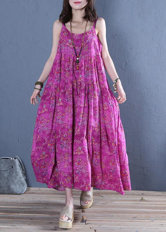 Classy Spaghetti Strap cotton Wardrobes pattern rose print long Dress - SooLinen