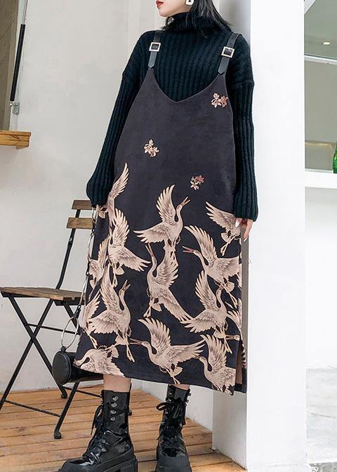 Classy Spaghetti Strap cotton clothes design black print Maxi Dress - SooLinen
