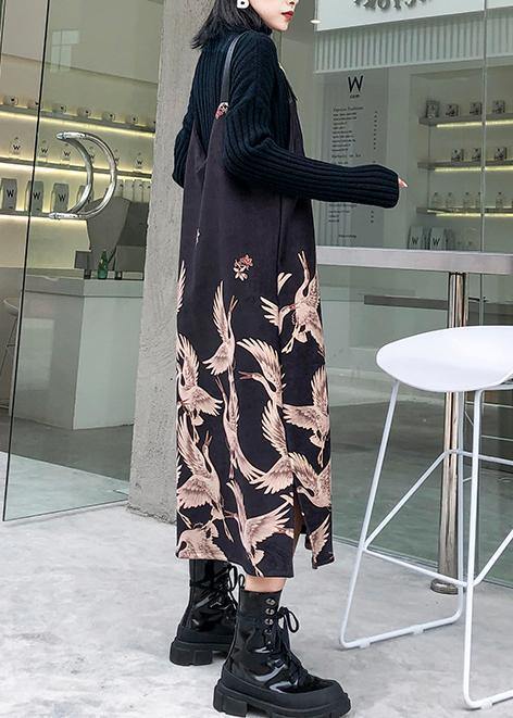 Classy Spaghetti Strap cotton clothes design black print Maxi Dress - SooLinen