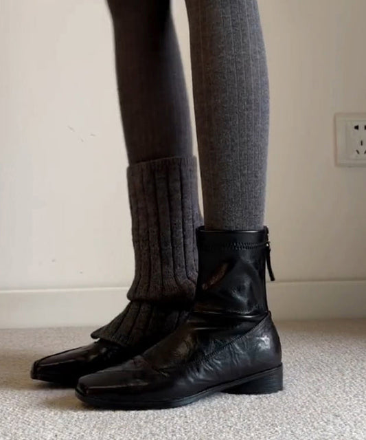 Classy Splicing Boots Brown Cowhide Leather Square Toe