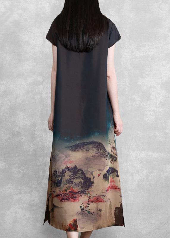 Beautiful Mountain Paiting Satin Dress Long Summer Dresses - SooLinen