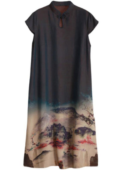 Beautiful Mountain Paiting Satin Dress Long Summer Dresses - SooLinen