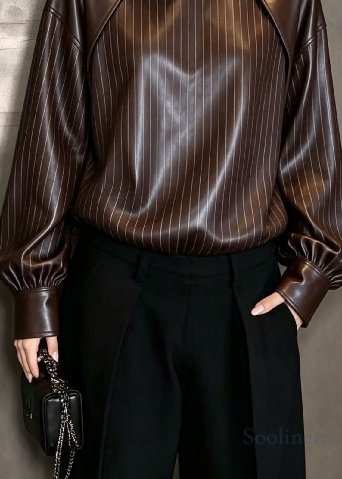 Classy Stand Collar Patchwork Faux Leather Top Fall