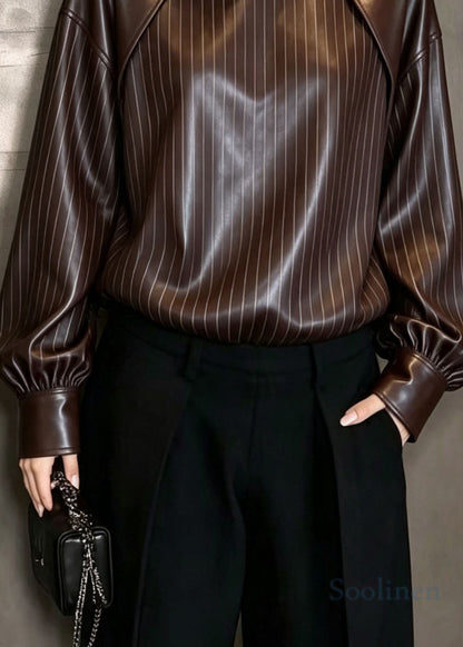 Classy Stand Collar Patchwork Faux Leather Top Fall
