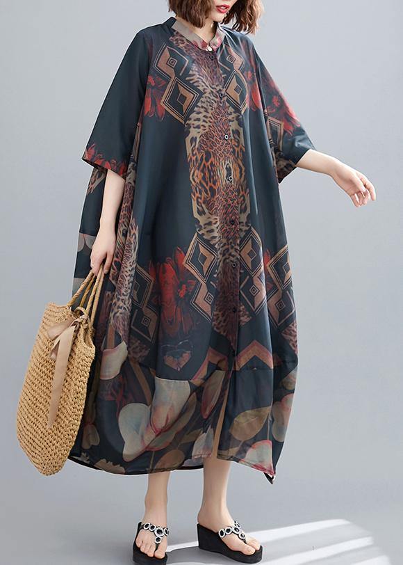 Classy Stand Collar Summer Dresses Fashion Ideas Black Abstract Pattern Long Dresses - SooLinen