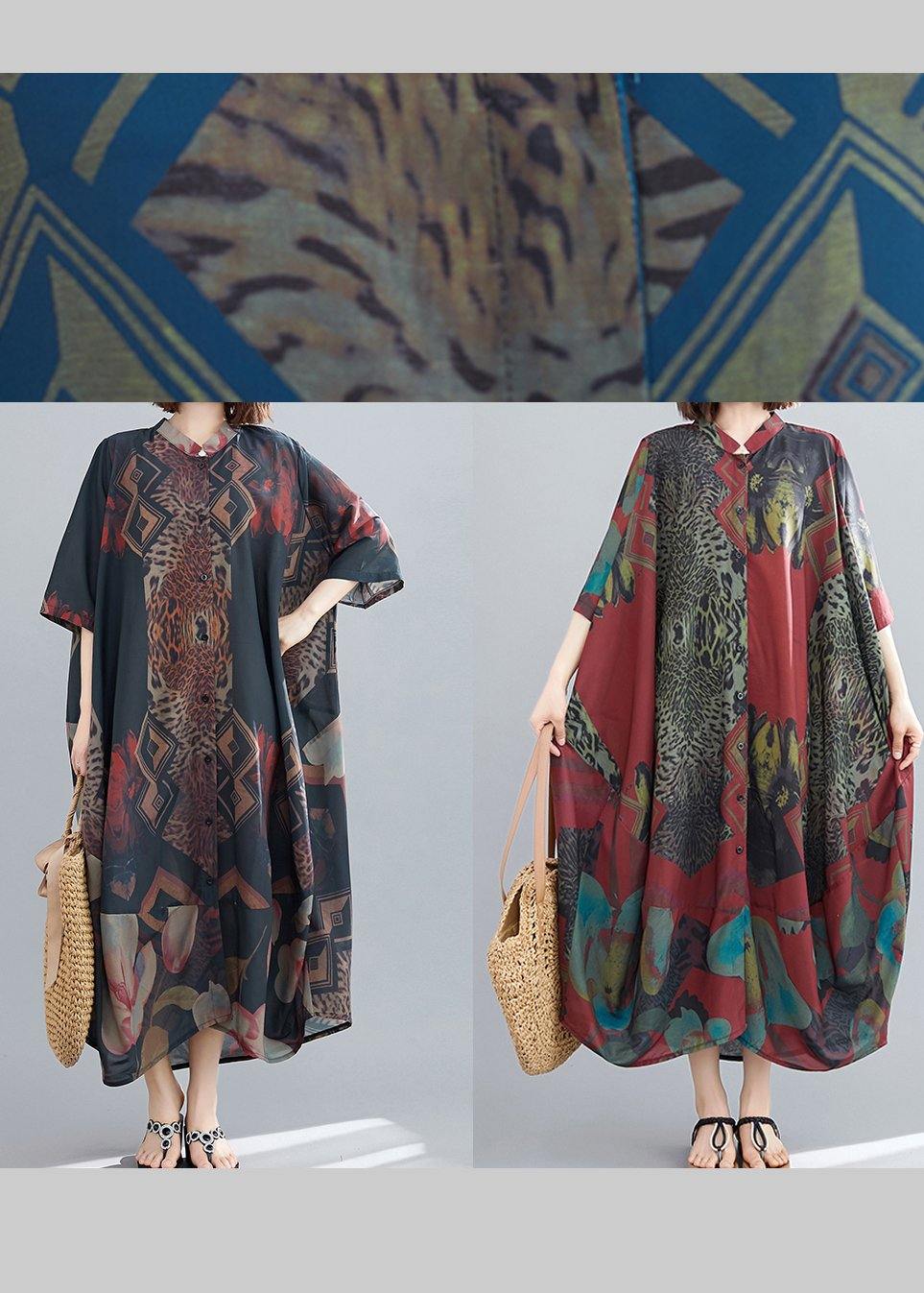 Classy Stand Collar Summer Dresses Fashion Ideas Black Abstract Pattern Long Dresses - SooLinen