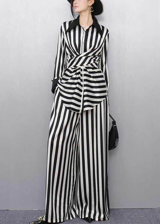 Classy Striped Peter Pan Collar Shirts And Wide Leg Pants Two Pieces Set Puff Sleeve