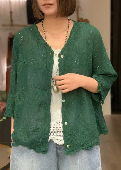 Classy Tea Green Embroidered Hollow Out Cotton Shirts Bracelet Sleeve