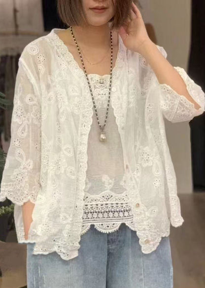 Classy Tea Green Embroidered Hollow Out Cotton Shirts Bracelet Sleeve