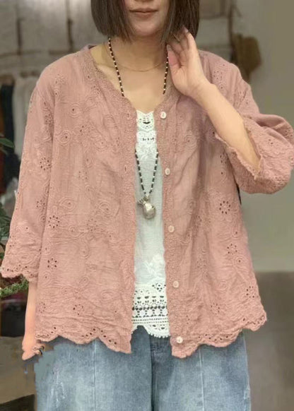 Classy Tea Green Embroidered Hollow Out Cotton Shirts Bracelet Sleeve