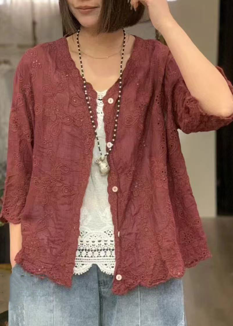 Classy Tea Green Embroidered Hollow Out Cotton Shirts Bracelet Sleeve