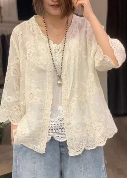 Classy Tea Green Embroidered Hollow Out Cotton Shirts Bracelet Sleeve