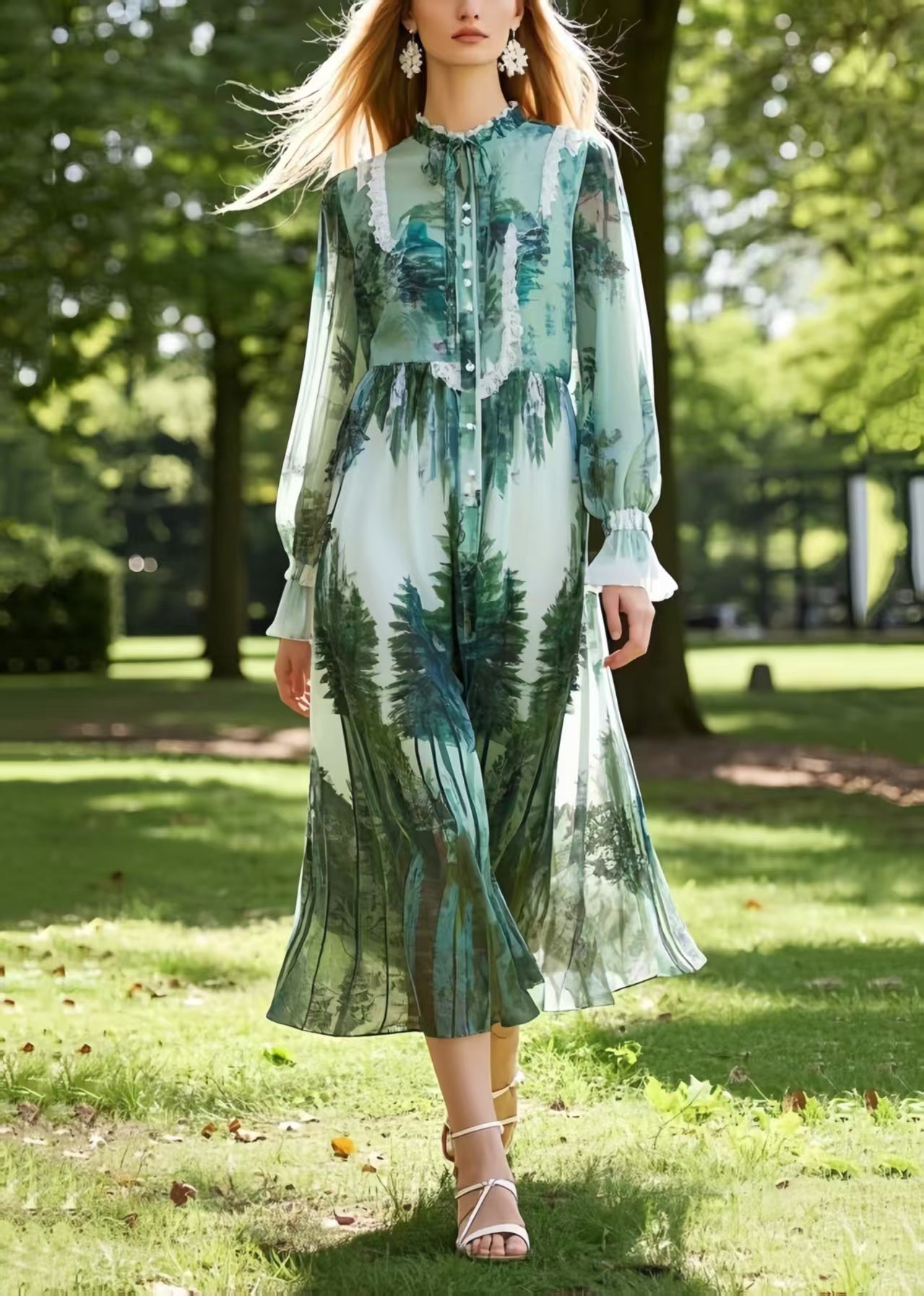 Classy Tea Green Stand Collar Print Chiffon Shirt Dress Summer