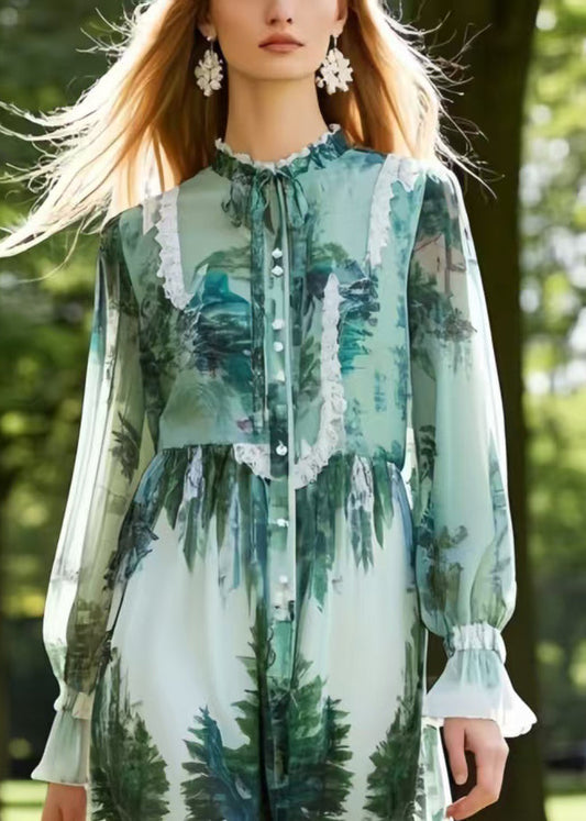 Classy Tea Green Stand Collar Print Chiffon Shirt Dress Summer