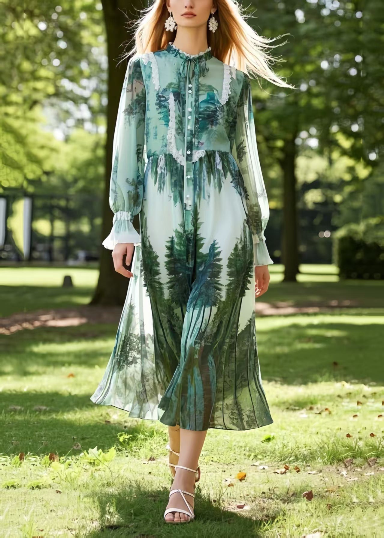 Classy Tea Green Stand Collar Print Chiffon Shirt Dress Summer