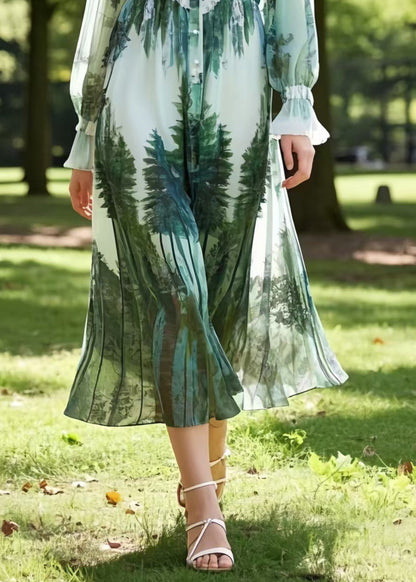 Classy Tea Green Stand Collar Print Chiffon Shirt Dress Summer