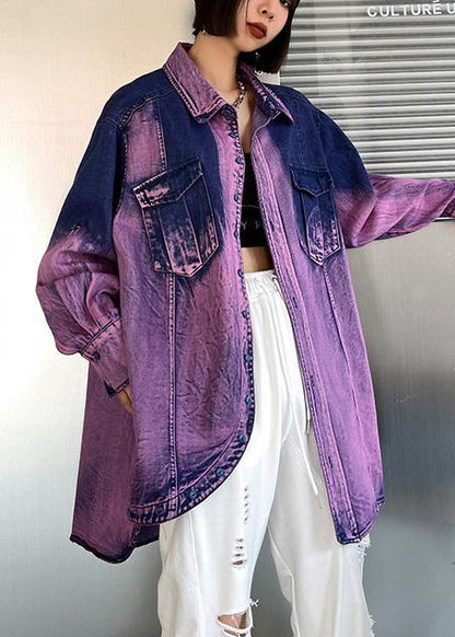 Classy Tie Dye Purple Asymmetrical Design Cotton Long Sleeve Spring Shirt - SooLinen