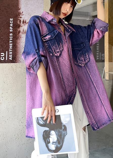 Classy Tie Dye Purple Asymmetrical Design Cotton Long Sleeve Spring Shirt - SooLinen