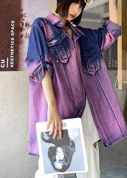 Classy Tie Dye Purple Asymmetrical Design Cotton Long Sleeve Spring Shirt - SooLinen