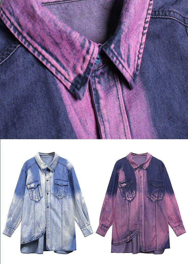 Classy Tie Dye Purple Asymmetrical Design Cotton Long Sleeve Spring Shirt - SooLinen