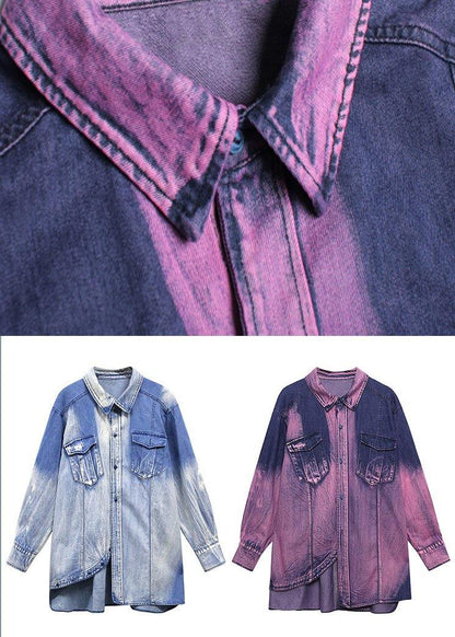 Classy Tie Dye Purple Asymmetrical Design Cotton Long Sleeve Spring Shirt - SooLinen