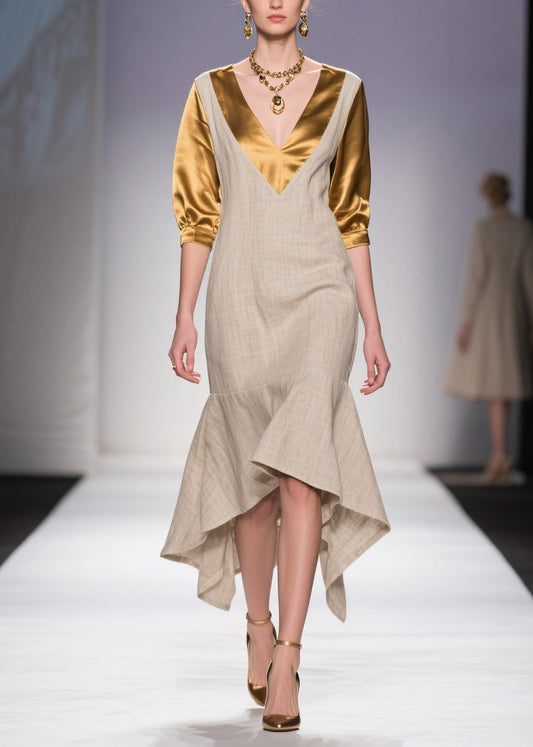 Classy V Neck Asymmetrical Patchwork Linen Silk Dress Summer
