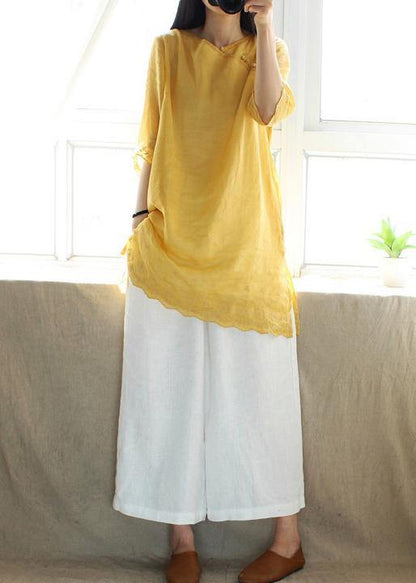 Classy V Neck Half Sleeve Blouses For Women Design Yellow Embroidery Top - SooLinen