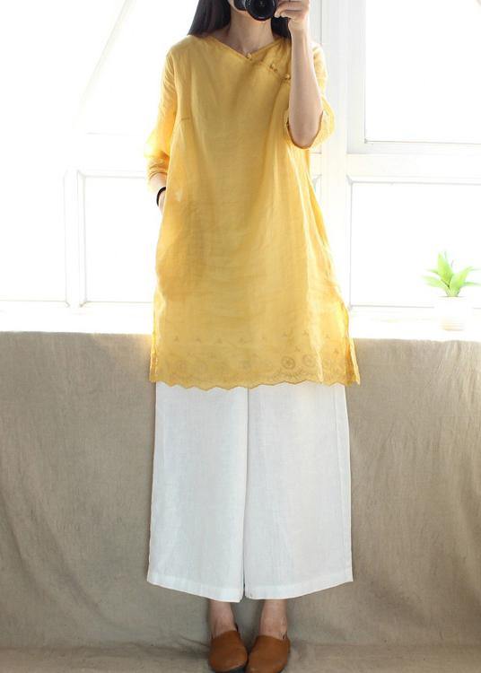 Classy V Neck Half Sleeve Blouses For Women Design Yellow Embroidery Top - SooLinen