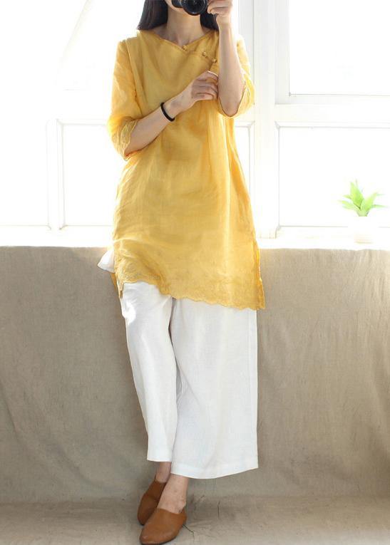 Classy V Neck Half Sleeve Blouses For Women Design Yellow Embroidery Top - SooLinen