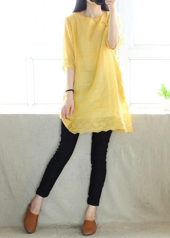 Classy V Neck Half Sleeve Blouses For Women Design Yellow Embroidery Top - SooLinen