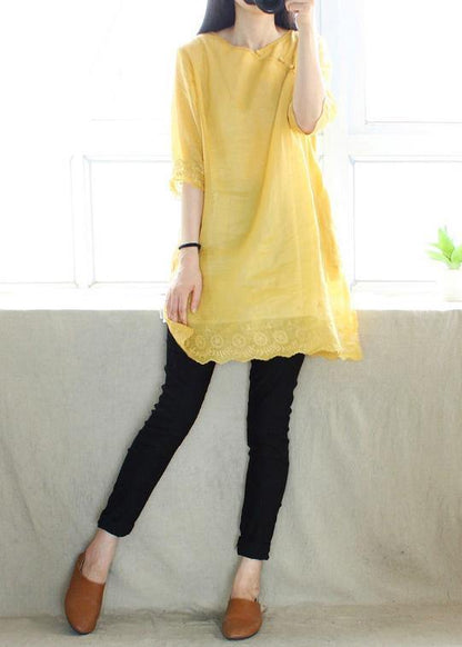 Classy V Neck Half Sleeve Blouses For Women Design Yellow Embroidery Top - SooLinen