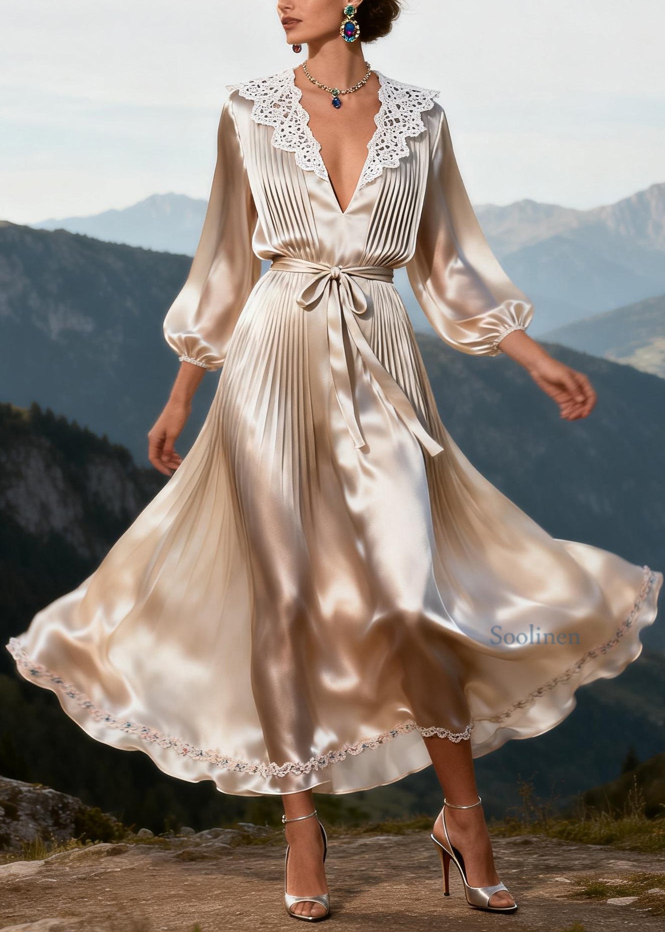 Classy V Neck Lace Tie Waist Floral Patchwork Silk Dress Summer