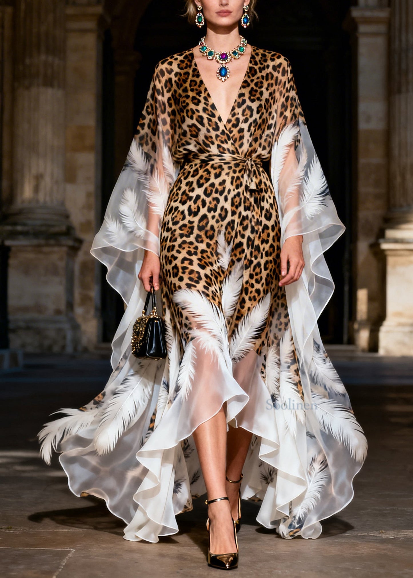 Classy V Neck Leopard Feather Print Chiffon Ankle Dress Summer