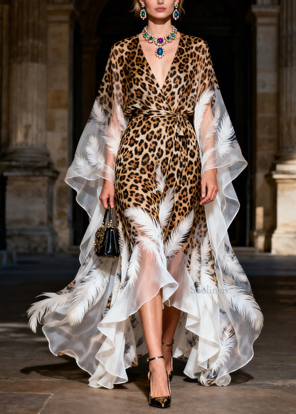 Classy V Neck Leopard Feather Print Chiffon Ankle Dress Summer
