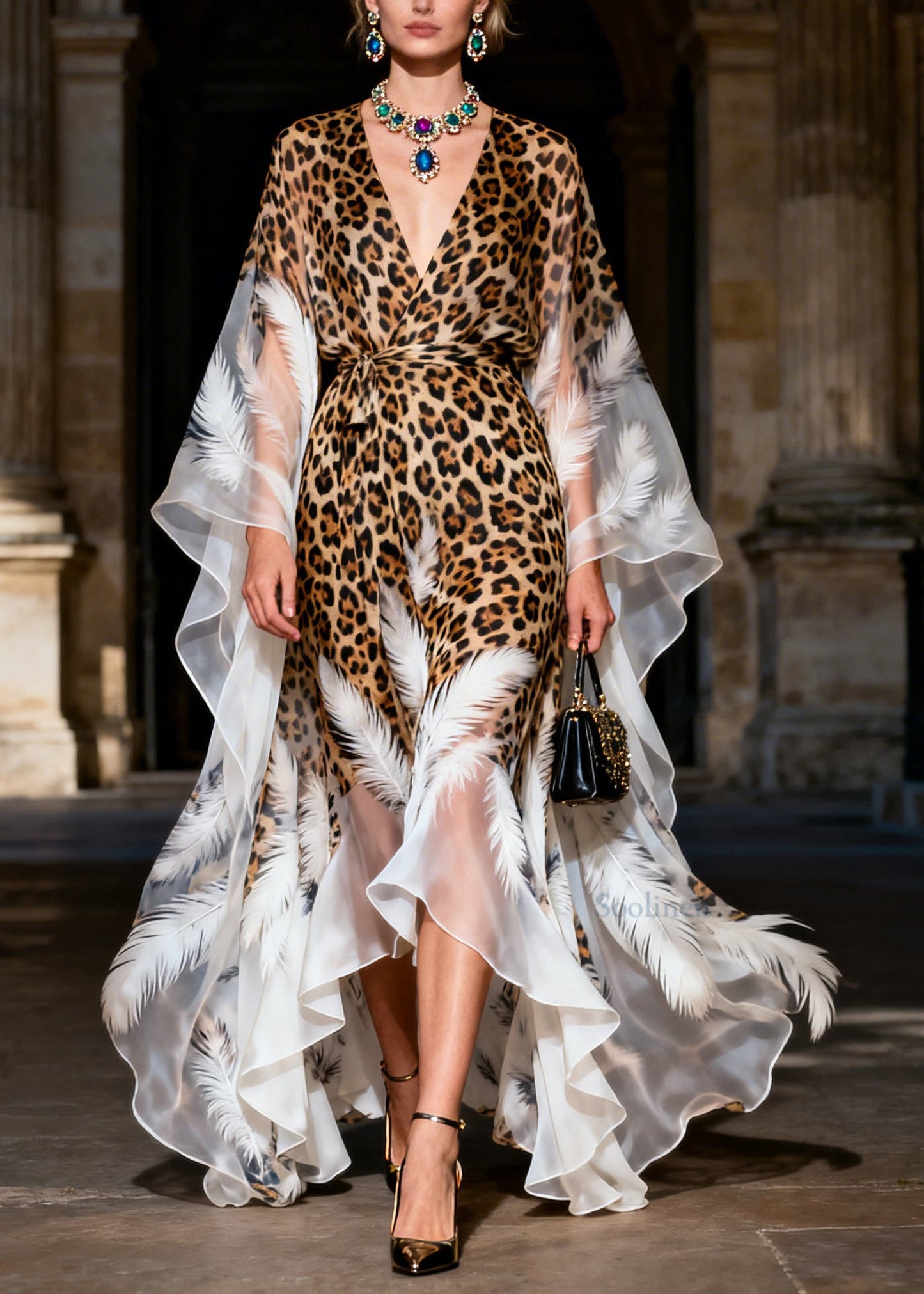 Classy V Neck Leopard Feather Print Chiffon Ankle Dress Summer