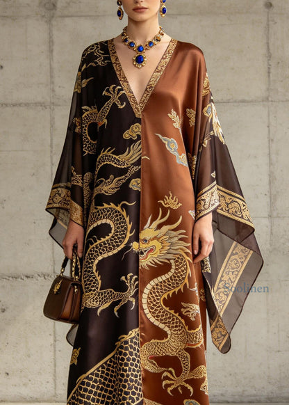 Classy V Neck Oriental Print Chiffon Robe Dresses Summer