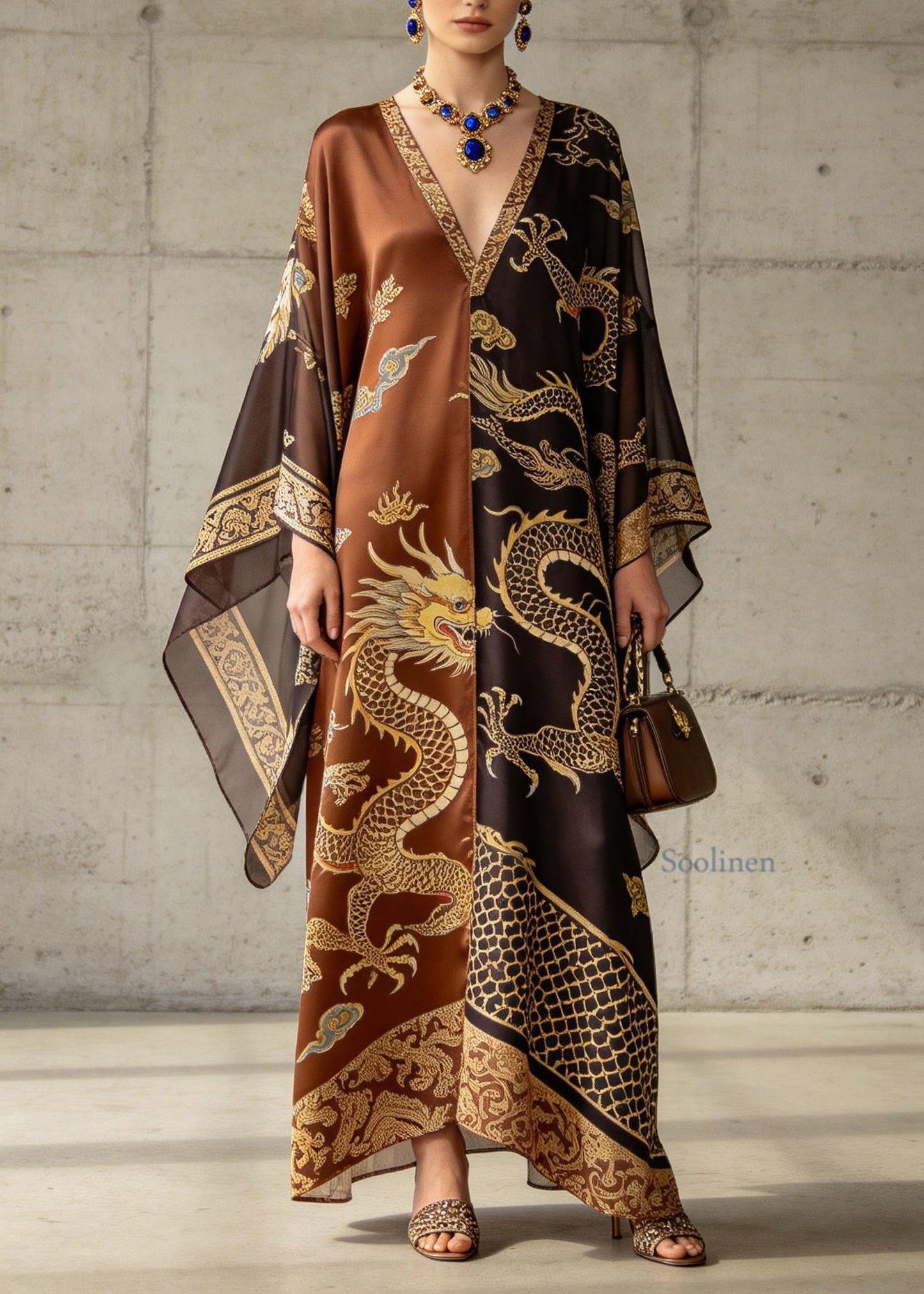 Classy V Neck Oriental Print Chiffon Robe Dresses Summer